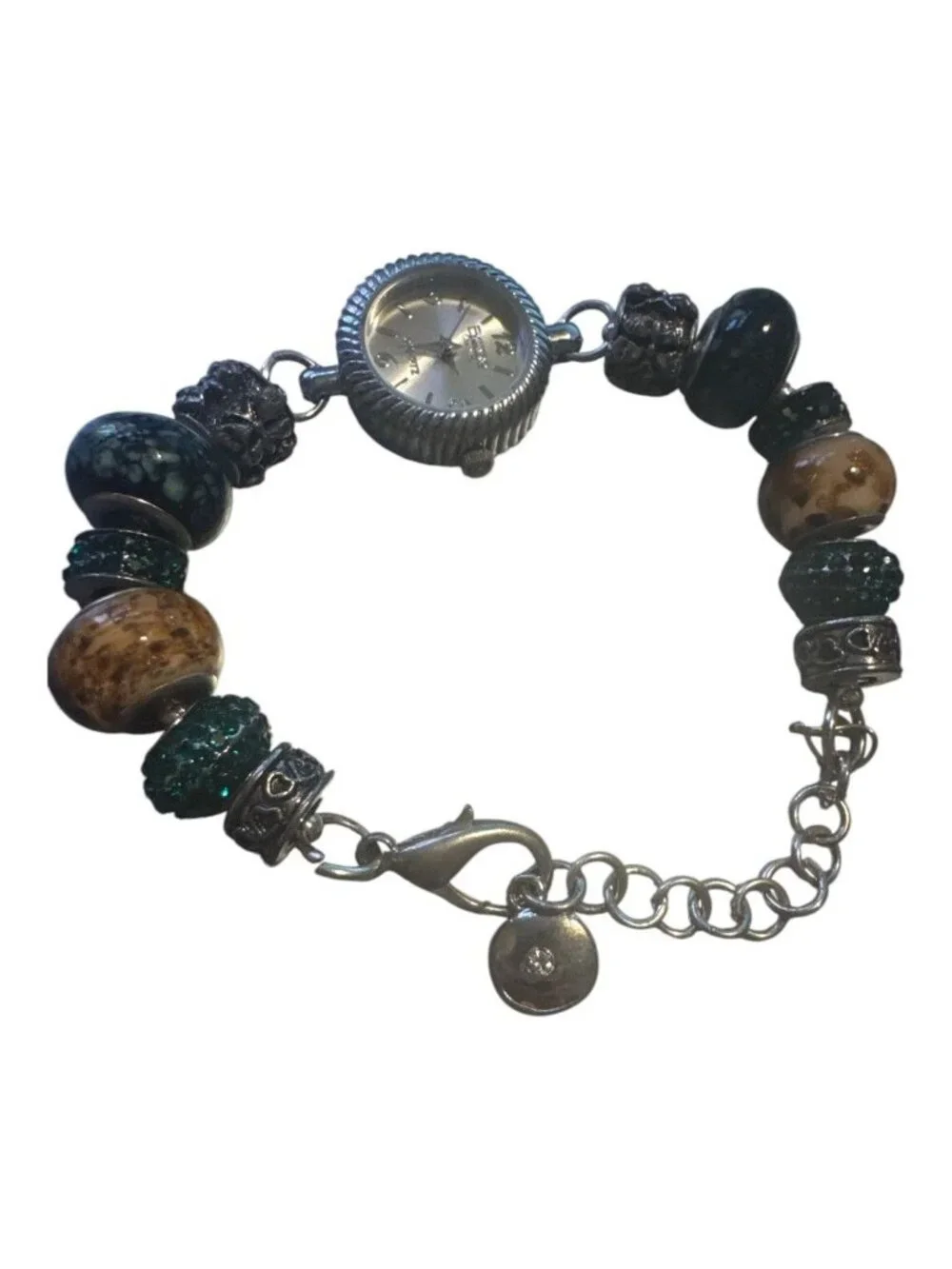 Beaded Wristwatch Bracelet With Quartz Movement & Adjustable Chain - Green Brown